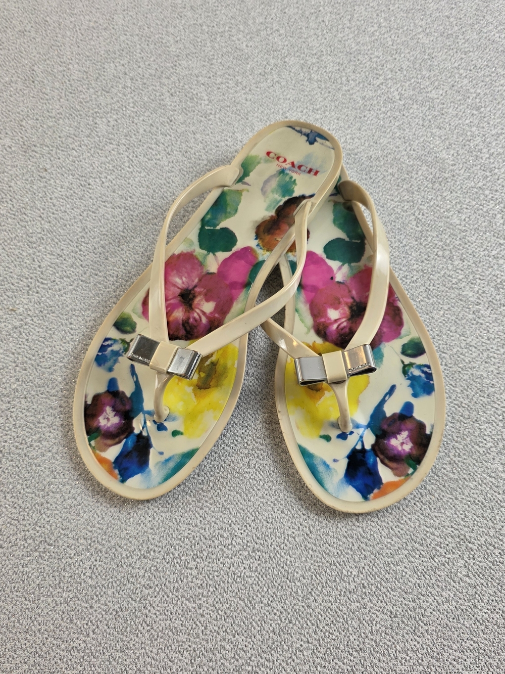 Coach Landon Floral Jelly Thong Sandals Beige Multi Wmn's 8